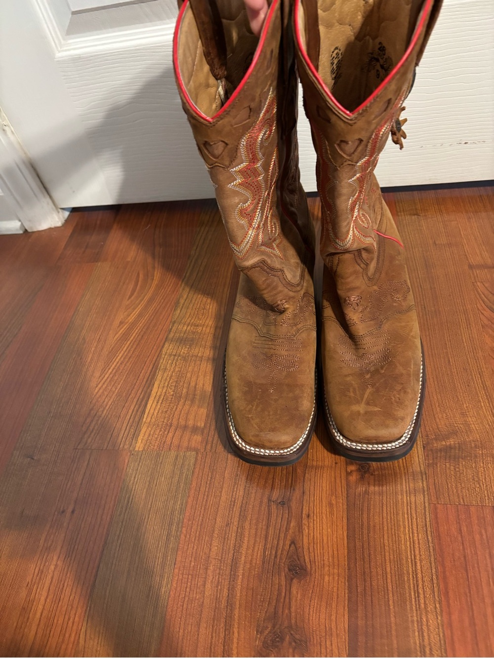 Women's Brown Leather Western Ankle Boots with Pink Trim